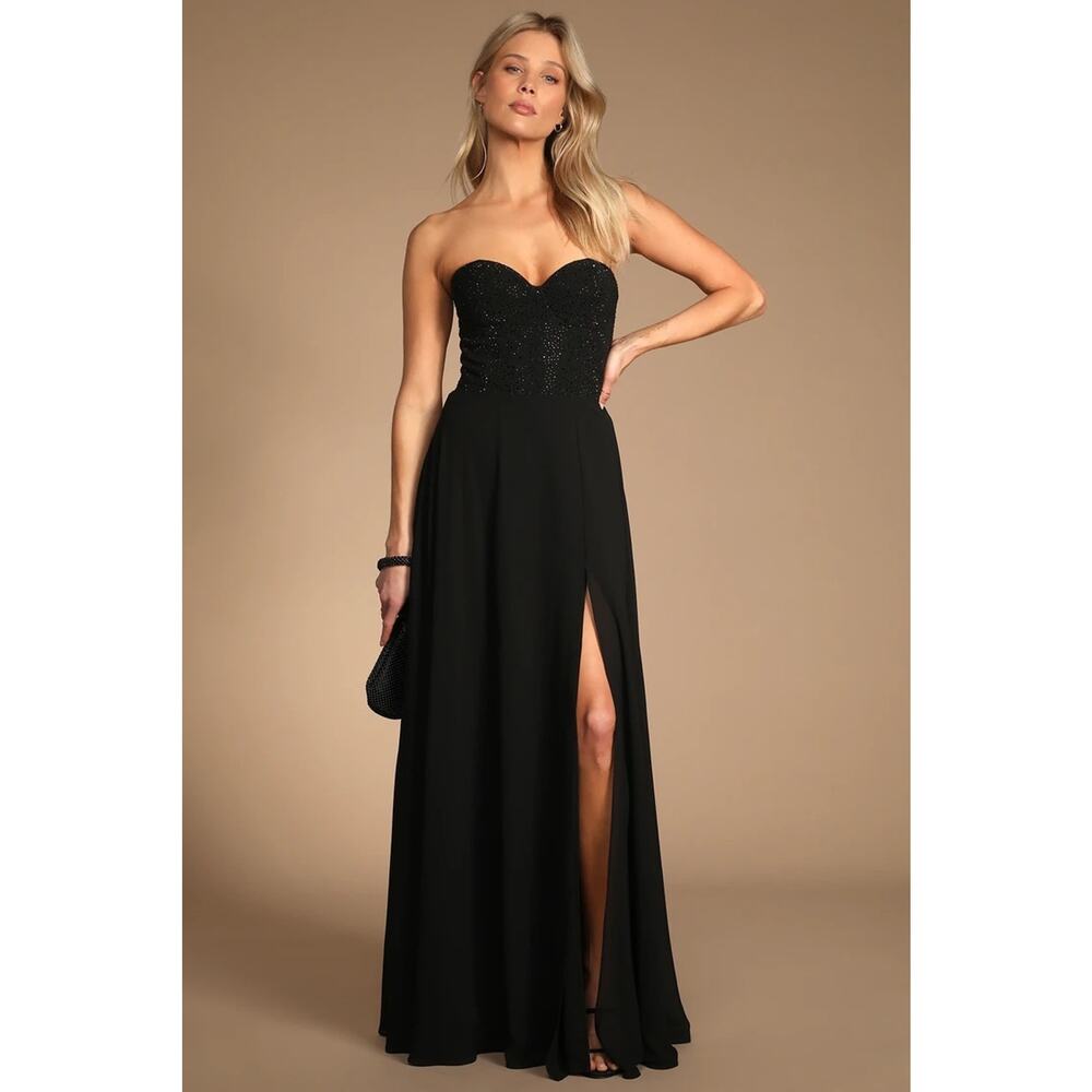 NWOT Lulus Remember This Moment Black Rhinestone Strapless Maxi Dress Size M